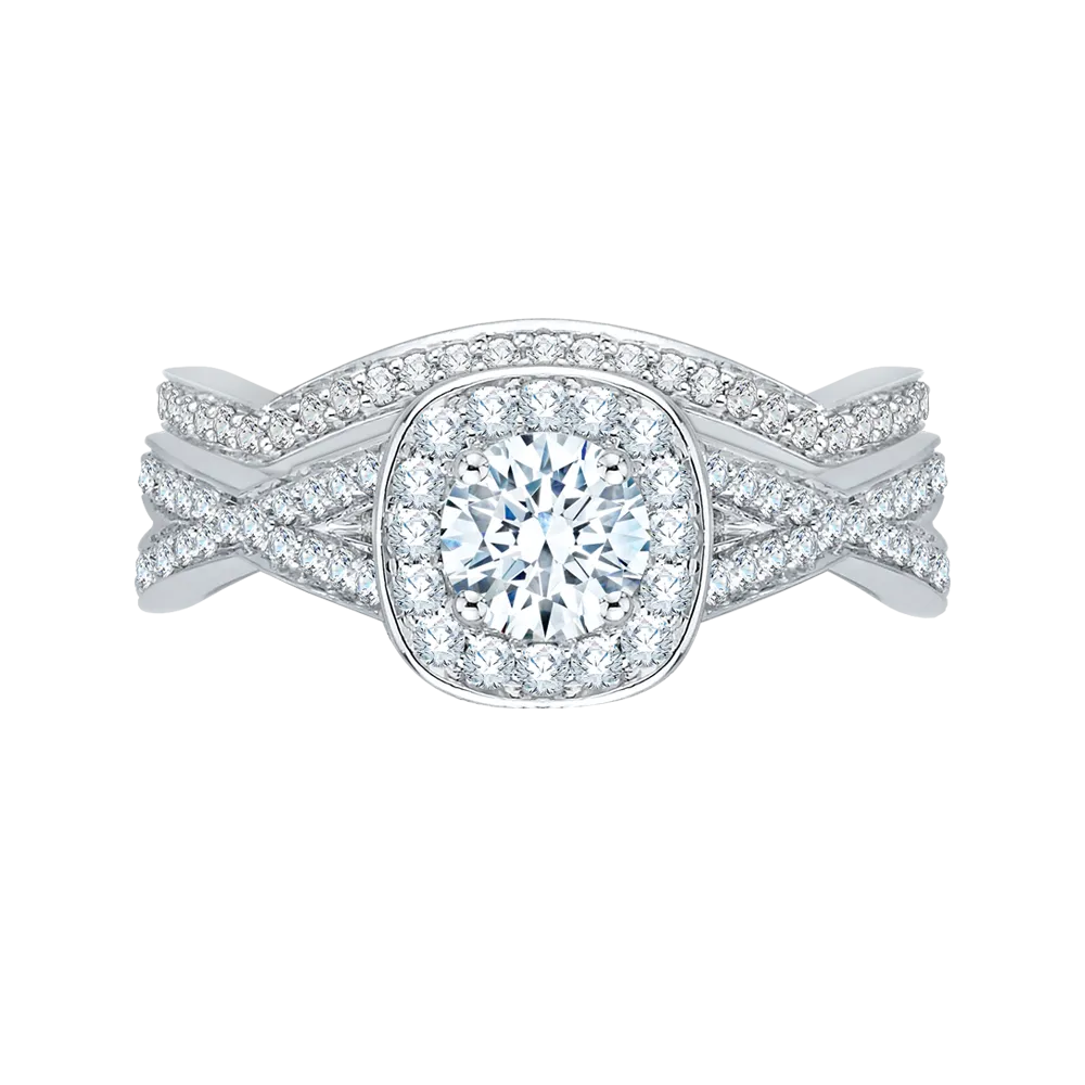 14K White Gold Round Diamond Halo Engagement Ring with Split Shank
