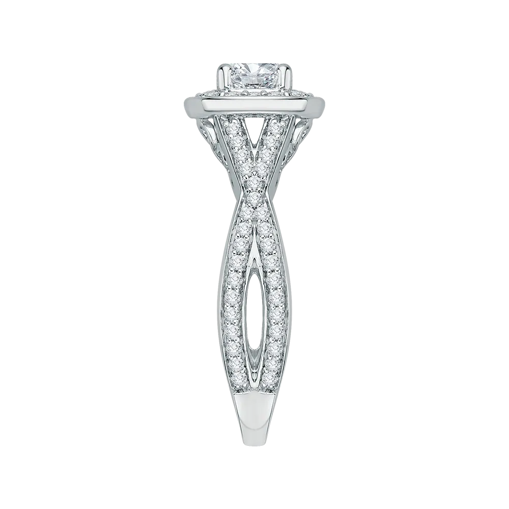 14K White Gold Round Diamond Halo Engagement Ring with Split Shank