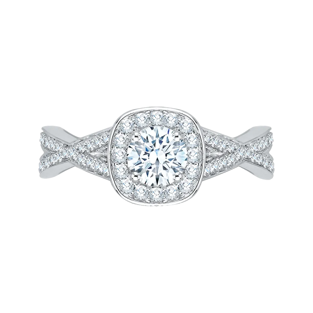 14K White Gold Round Diamond Halo Engagement Ring with Split Shank