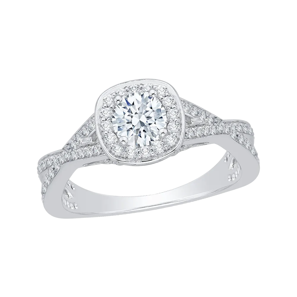 14K White Gold Round Diamond Halo Engagement Ring with Split Shank
