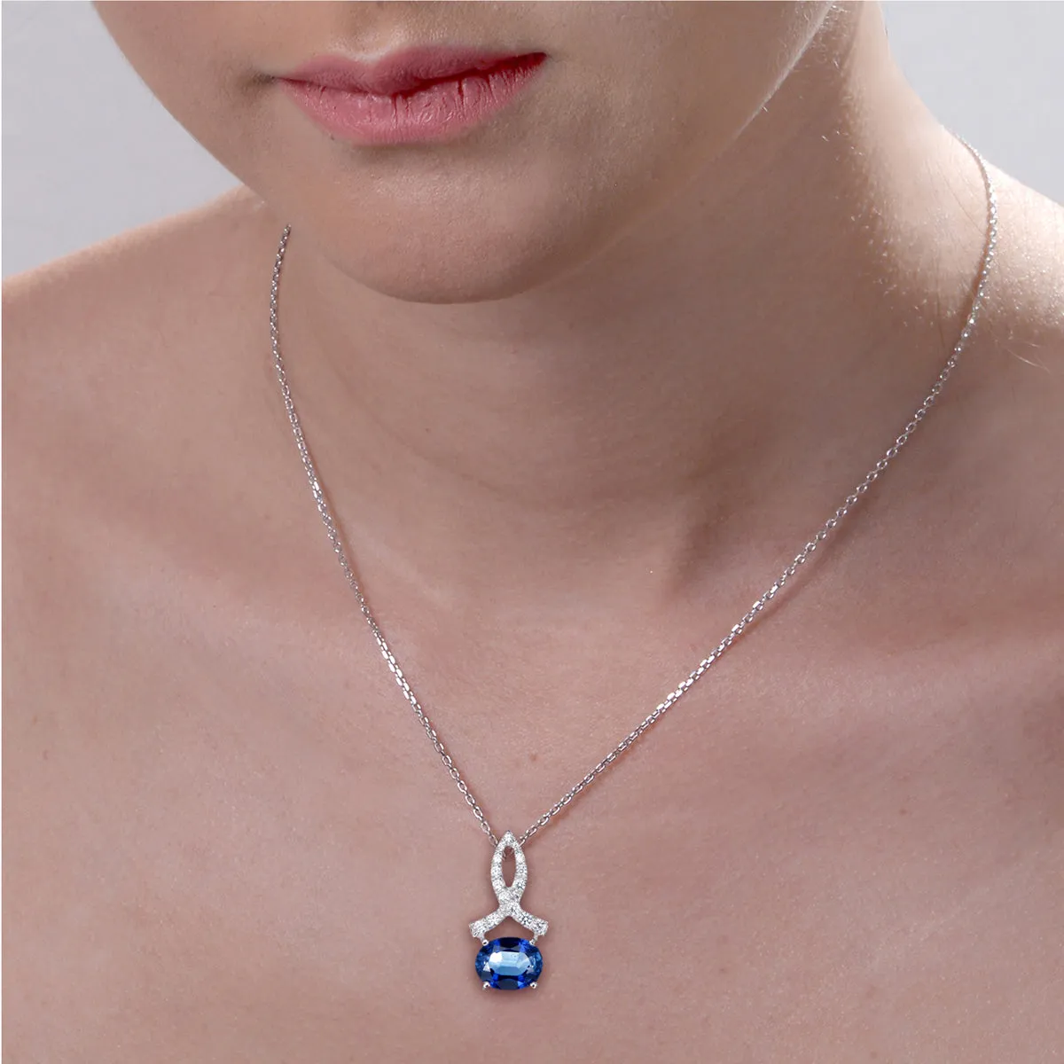 1.75 cttw Created Sapphire Pendant Necklace .925 Sterling Silver 9x7 MM Oval