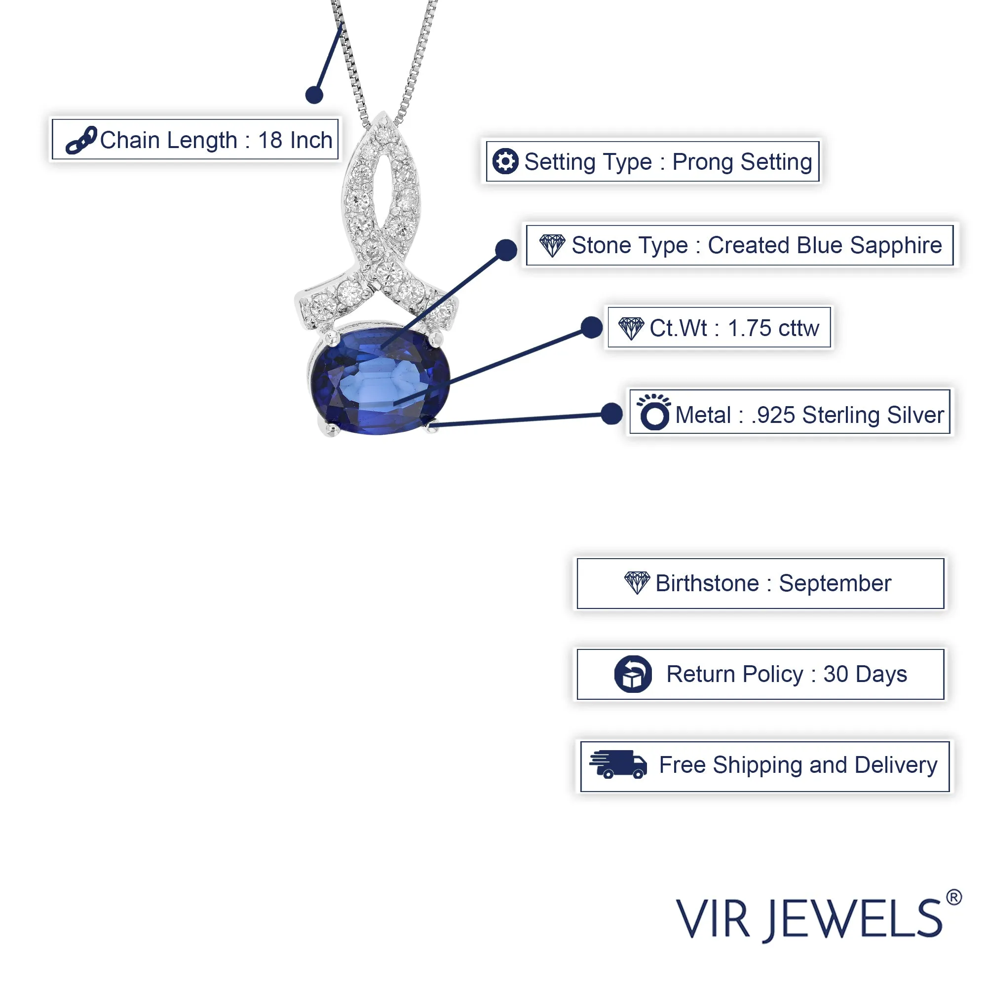 1.75 cttw Created Sapphire Pendant Necklace .925 Sterling Silver 9x7 MM Oval