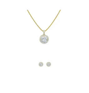 18K Yellow Gold 4ct Halo White Sapphire Round 18 Inch Necklace and Halo Earrings Set Plated
