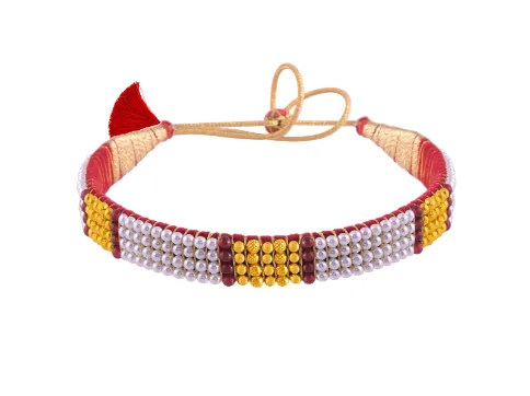 22k Graceful Tushi Gold & Pearl Choker With Red Beads