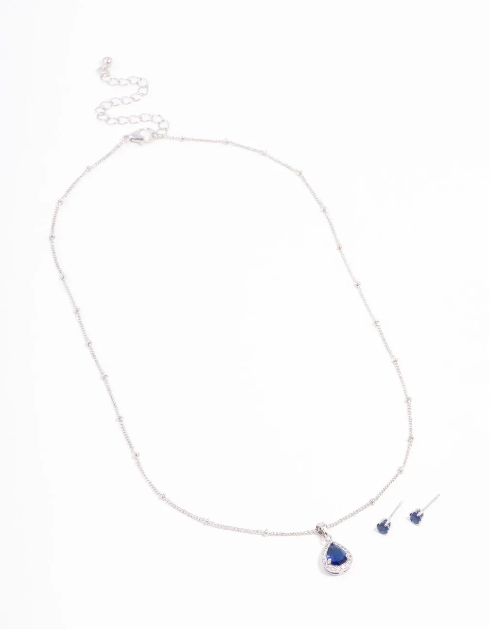 Blue Cubic Zirconia Silver Necklace & Stud Earrings Set