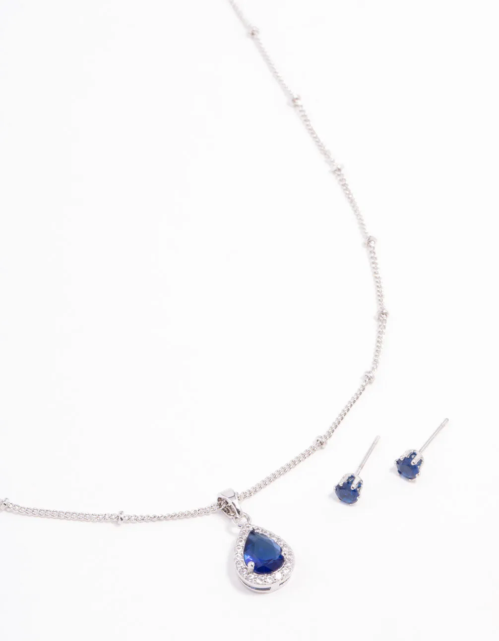 Blue Cubic Zirconia Silver Necklace & Stud Earrings Set