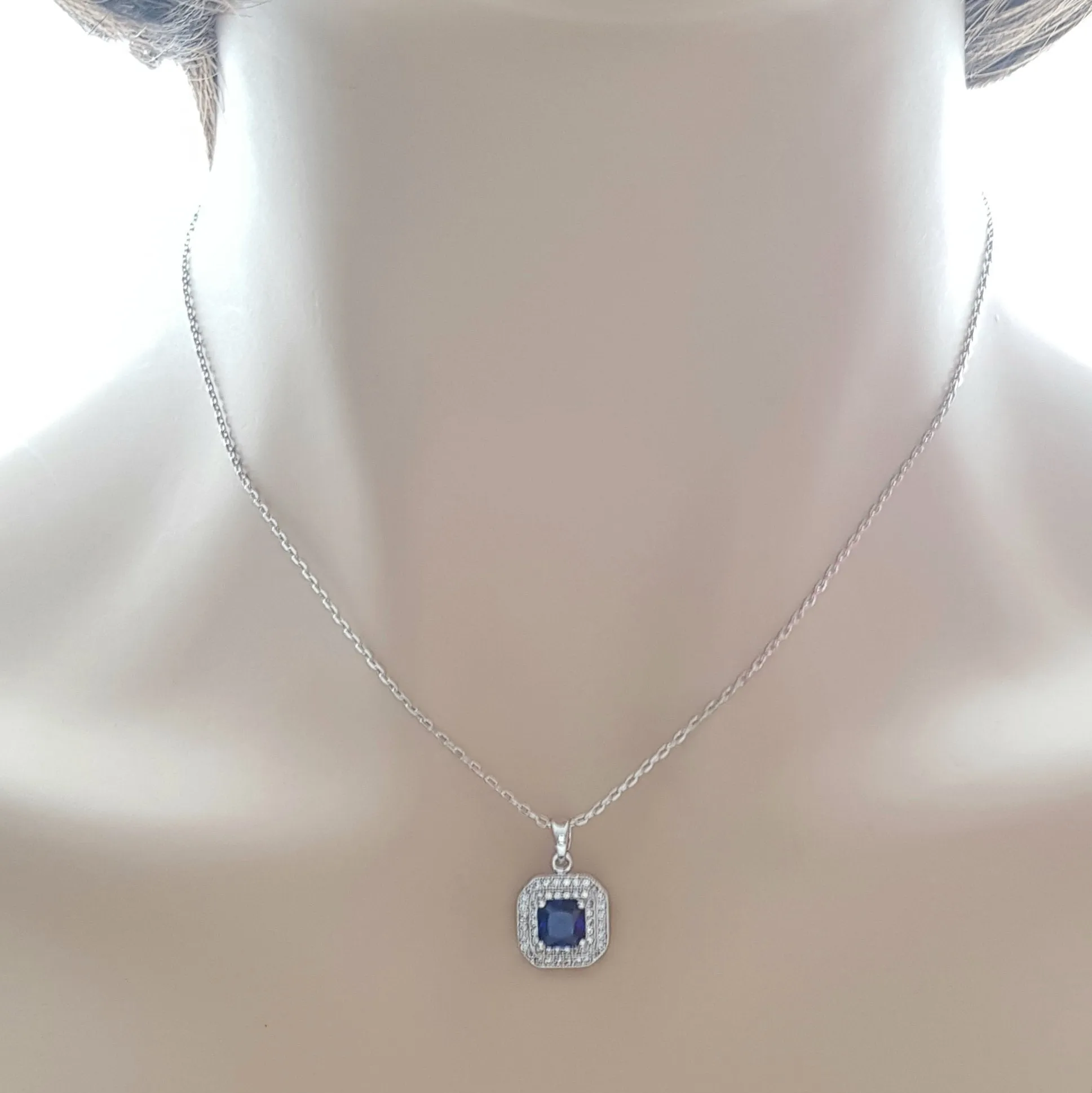 Blue Sapphire Cubic Zirconia Necklace Pendant- Quad Blue