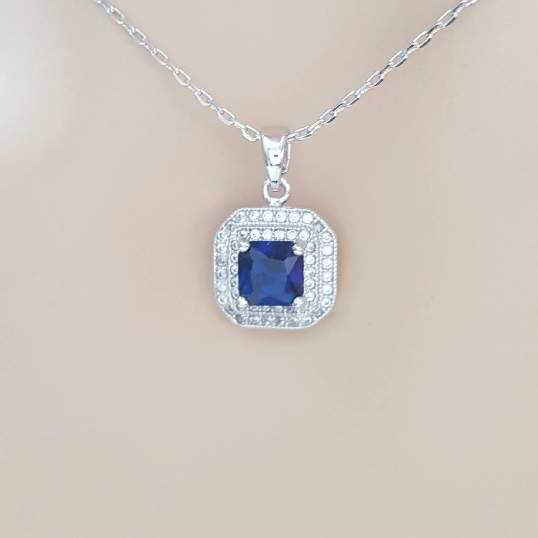 Blue Sapphire Cubic Zirconia Necklace Pendant- Quad Blue