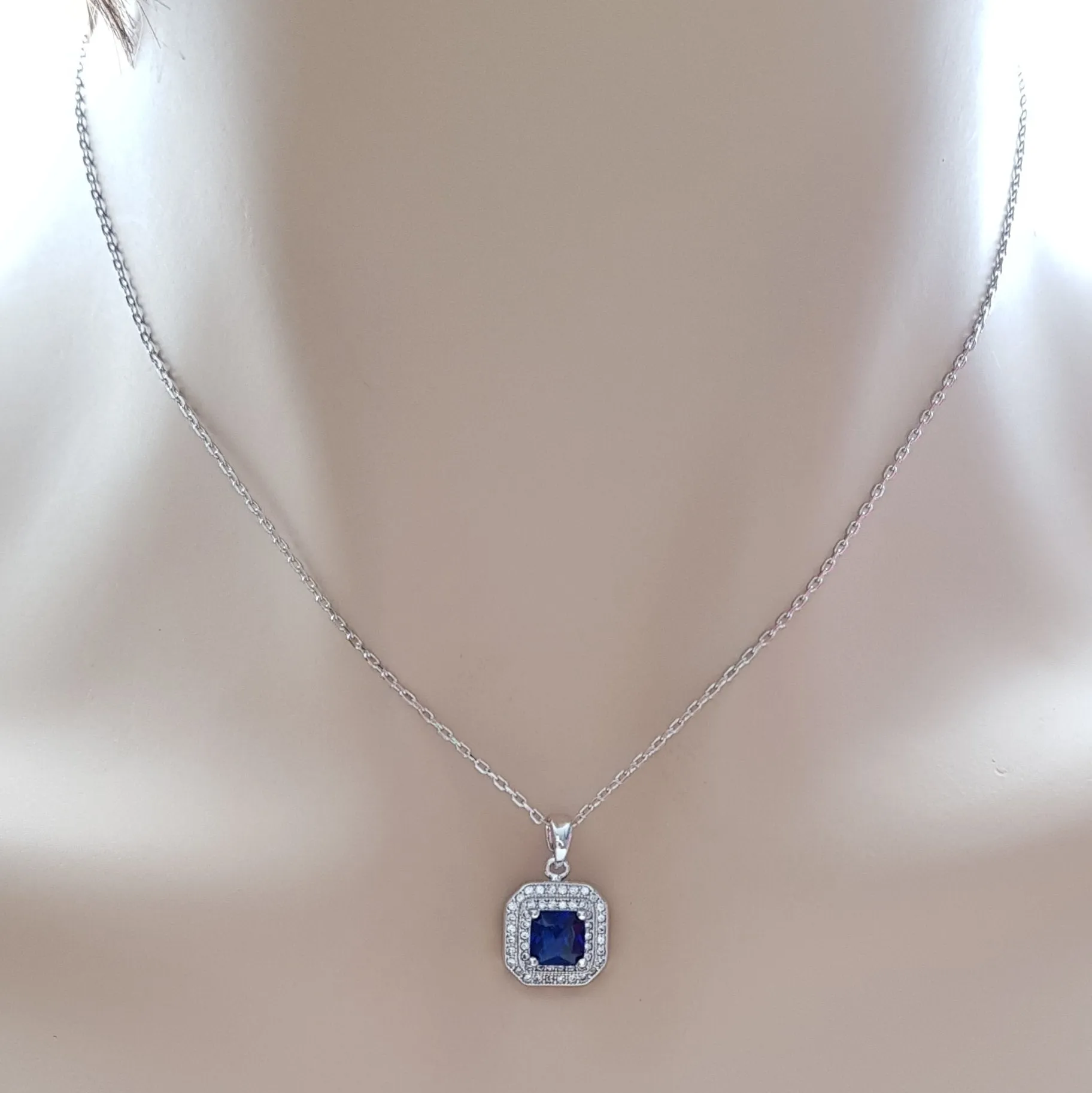 Blue Sapphire Cubic Zirconia Necklace Pendant- Quad Blue