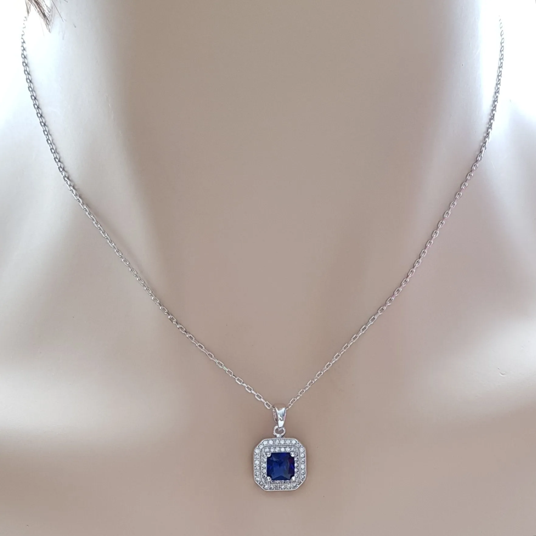 Blue Sapphire Cubic Zirconia Necklace Pendant- Quad Blue