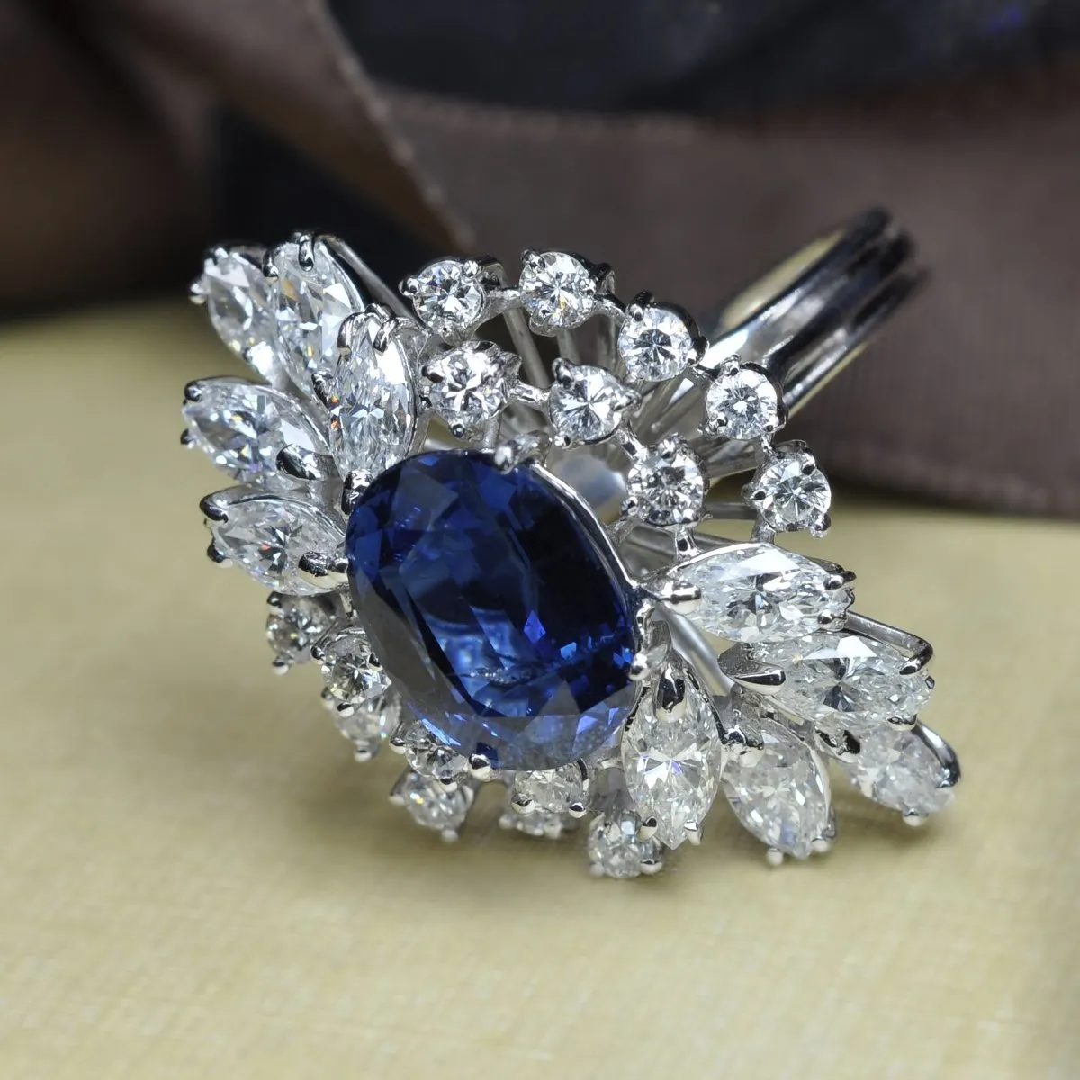 Certified 6.30CT Oval, Round, and Marquise Cut Diamond and Blue Sapphire Engagement Ring in 18KT White Gold
