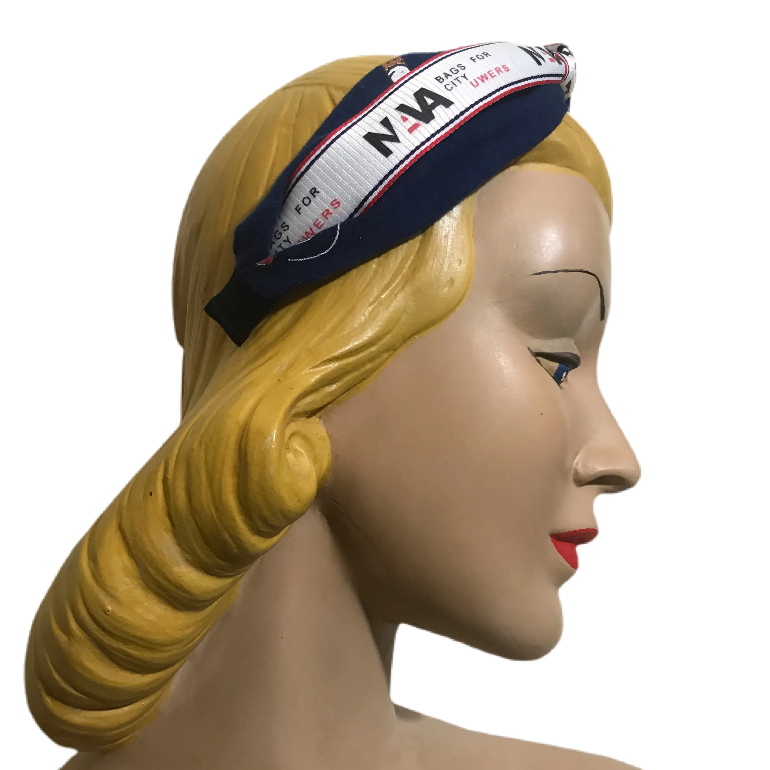 Cigarette Novelty Print! Travel Collection Blue, Red and White Vintage Airline Style Ribbon Turban Headband