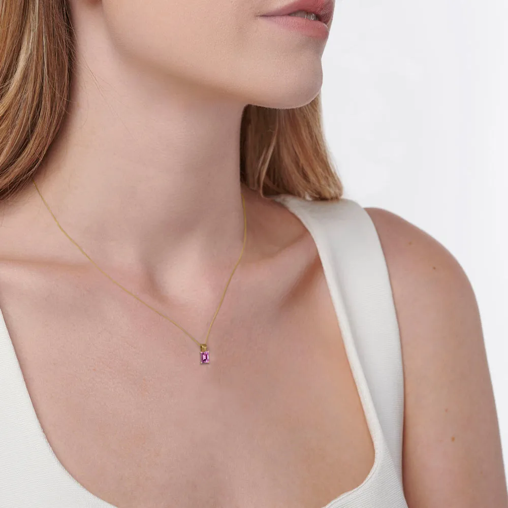 ELIZA - Emerald Cut Pink Sapphire 4 Claw Drop Pendant 18k Yellow Gold