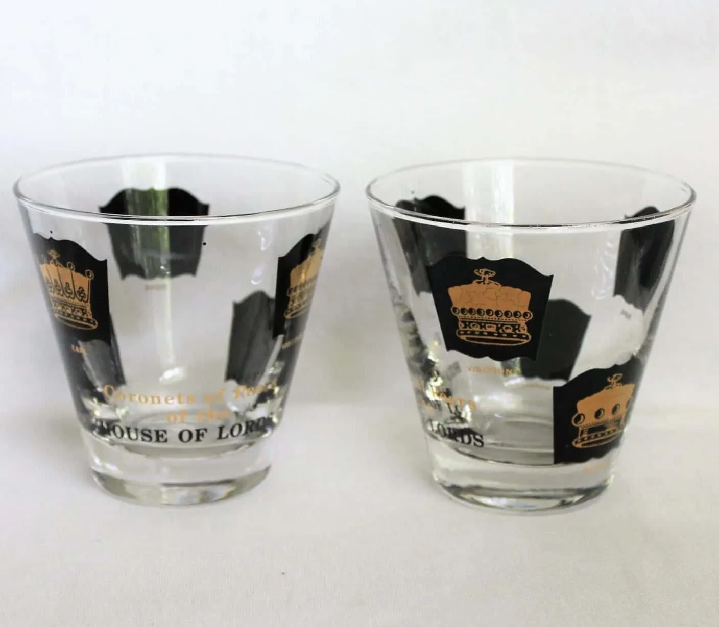 Glasses, Whiskey Neat, Libbey, Coronets of Peers House of Lords, Set of 2, Vintage
