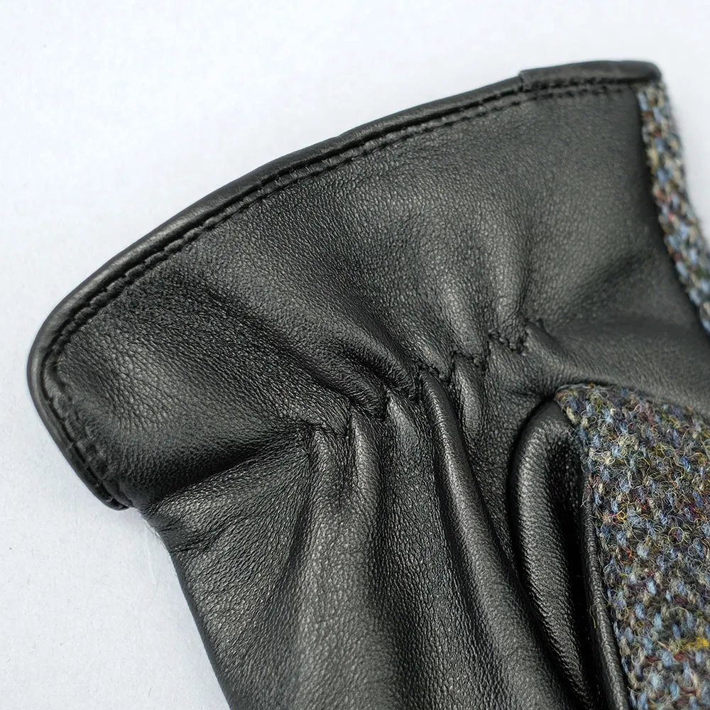 Grey Harris Tweed & Black Leather Mens Gloves