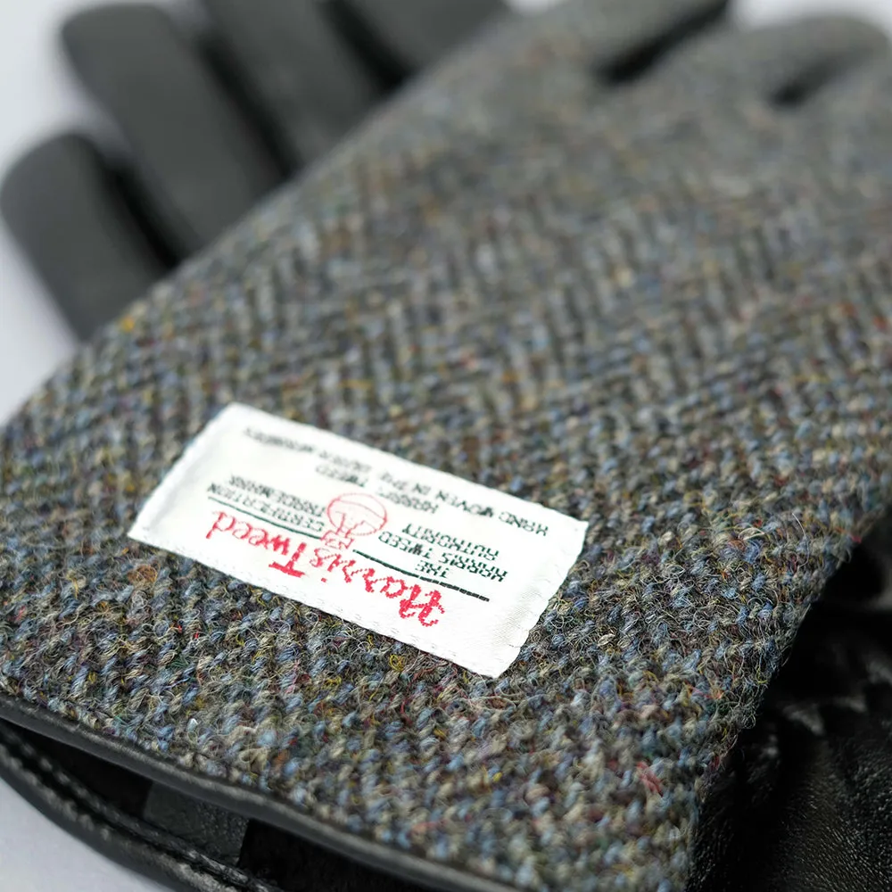 Grey Harris Tweed & Black Leather Mens Gloves