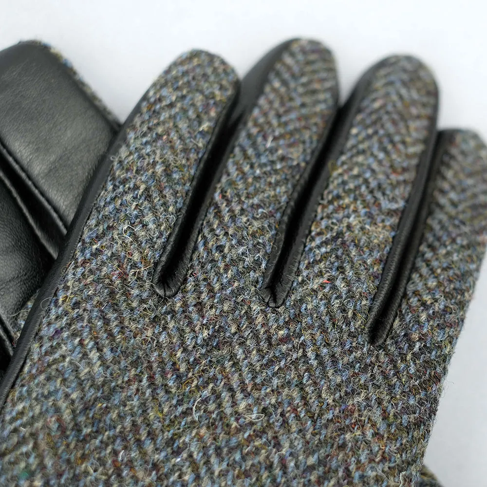 Grey Harris Tweed & Black Leather Mens Gloves