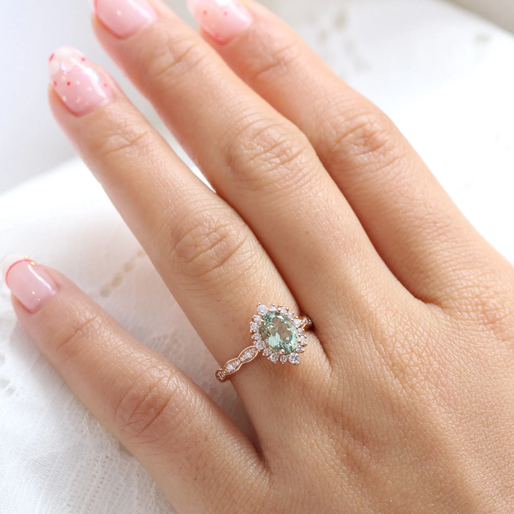 Oval Green Sapphire Engagement Ring in Tiara Halo Diamond Scalloped Band