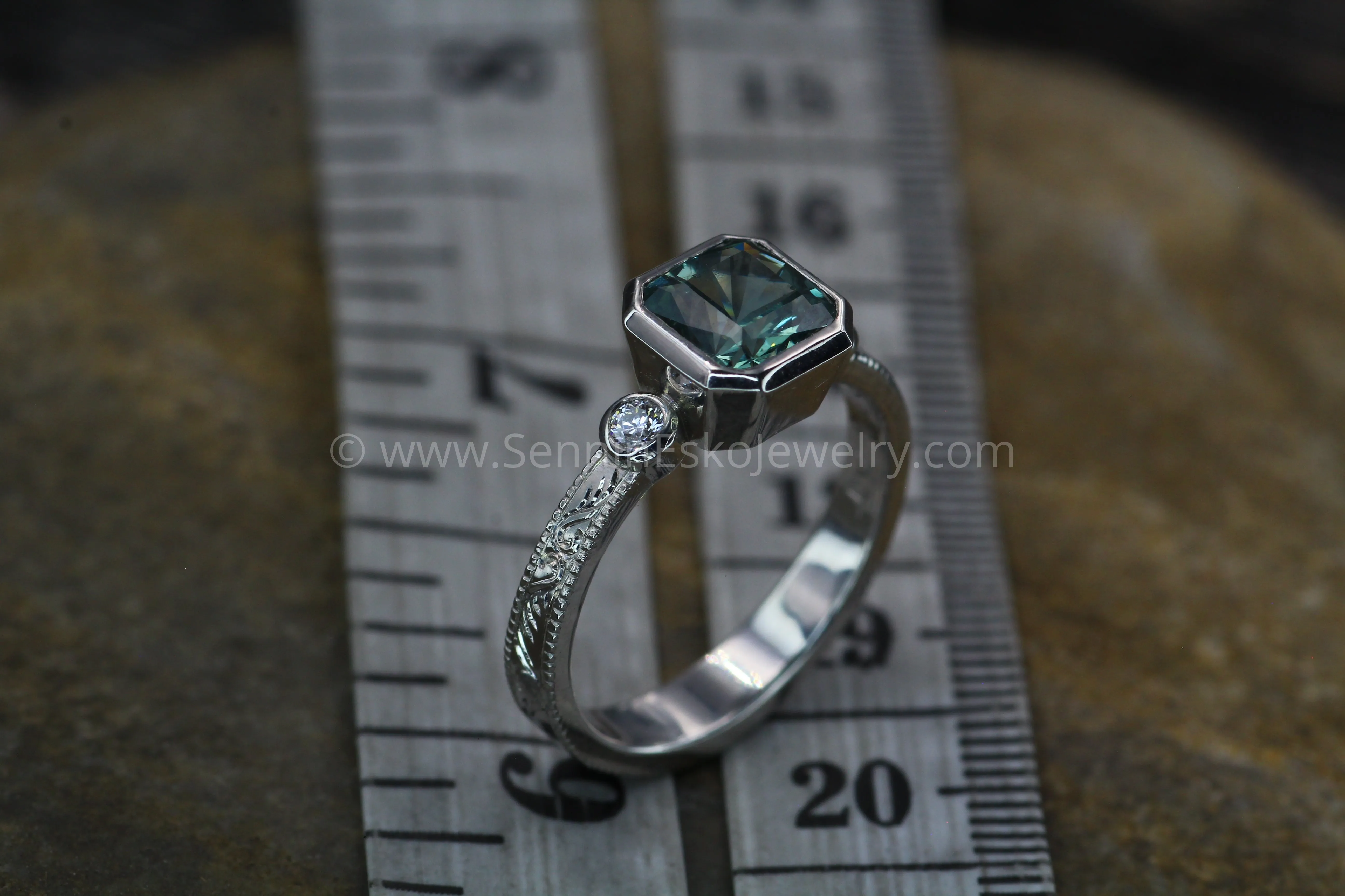 Platinum Engraved Bezel Setting - Branches & Leaves - Depicted with Montana Sapphire (Setting Only, Center Stone Sold Separately)
