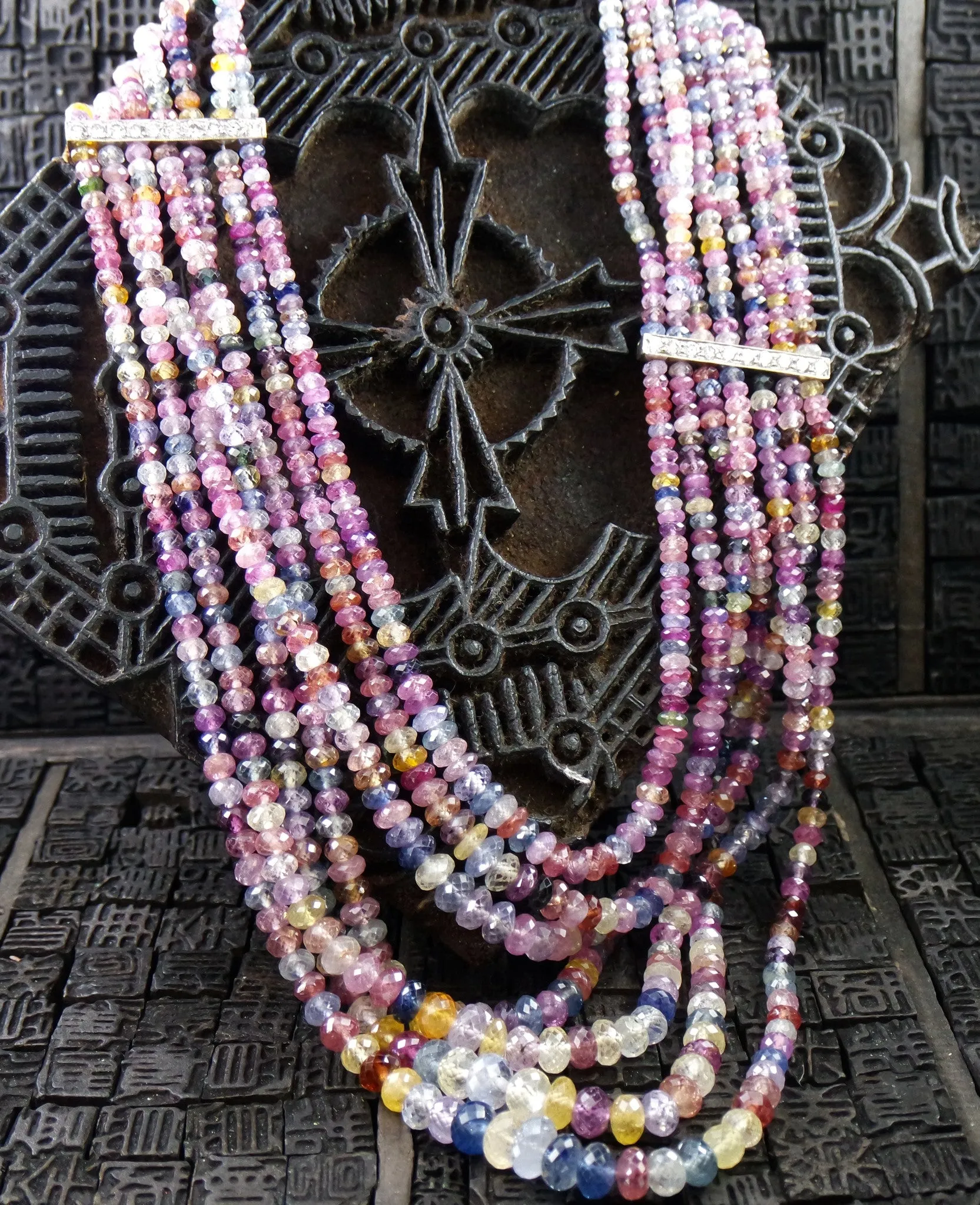 Very Fine Natural Multi Colored Sapphire Necklace with Diamond Bar Stations